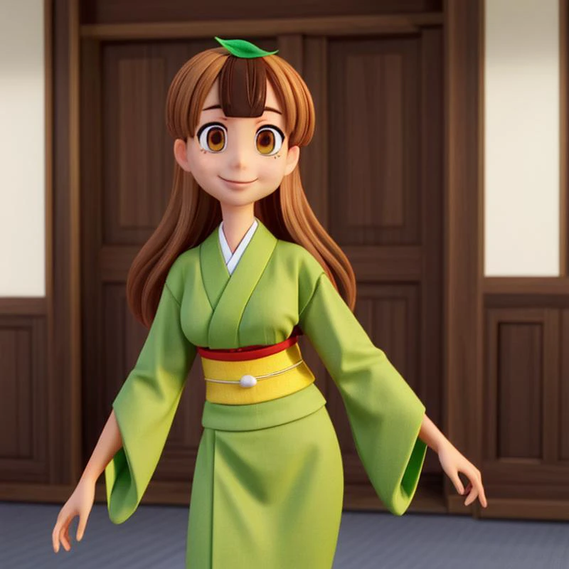 ((Medium-Shot)),<lora:Mameda V1:0.7> Daikokutei Mameda, brown hair, (brown eyes), long hair, pale skin, two-tone hair, (green leaf), green kimono,
Masterpiece, Best quality, beautiful, ((half body)), Human, looking at viewer, crisp, clear, Digital painting...