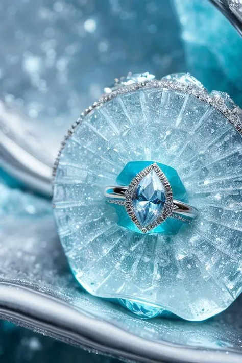 an concept art of magic ring, jewelry,   ((("Icebound Fury": A ring of icy blue stone, embellished with a frozen teardrop that appears to contain a storm within. Unlocks the wearers potential for elemental fury, granting them mastery over ice magic and inc...