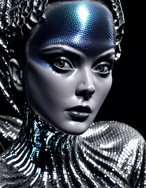 monochrome photography close up she made of fish (roe:1.25) face Holographic fabrics changing colors and textures, psychedelic patterns, shimmering illusions, haute couture that plays tricks on the eyes, Vogue of Holo-Delirium, an environment filled with e...