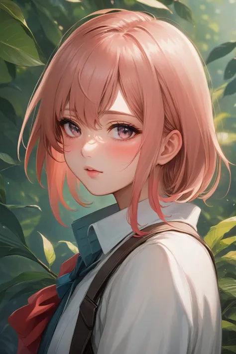 anime girl with pink hair and blue eyes in a forest