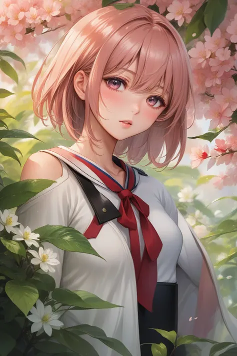 anime girl in a white shirt and red tie standing in a bush