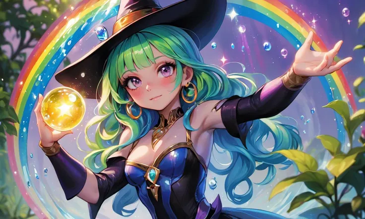 sparkle, close up, princess, magic, magic circle, potion, witch, wizard, garden, beautiful detailed water, piercing eyes, (rainbow hair:1.1), full body, cowboy shot,