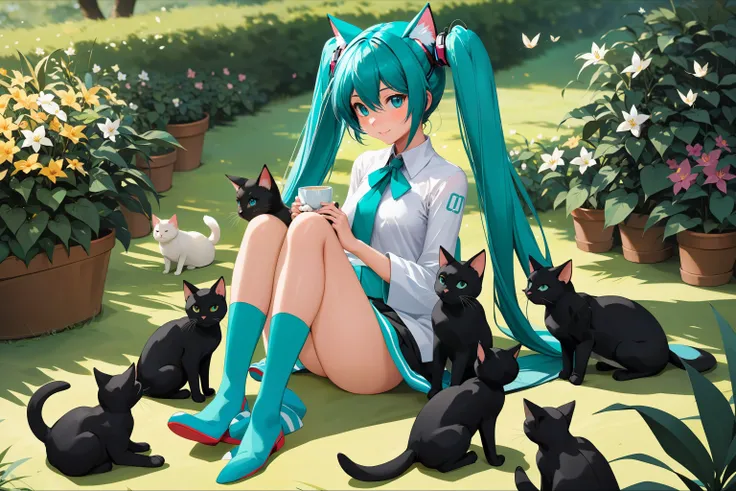 (masterpiece, best quality, highres, anime art style, pixiv), (1girl, hatsune miku petting cats, outdoors),