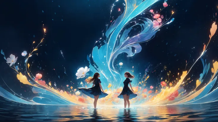 two girls standing in the water with a blue and yellow swirl