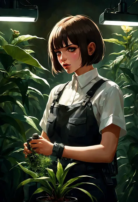 anime girl in a garden with plants and a cell phone