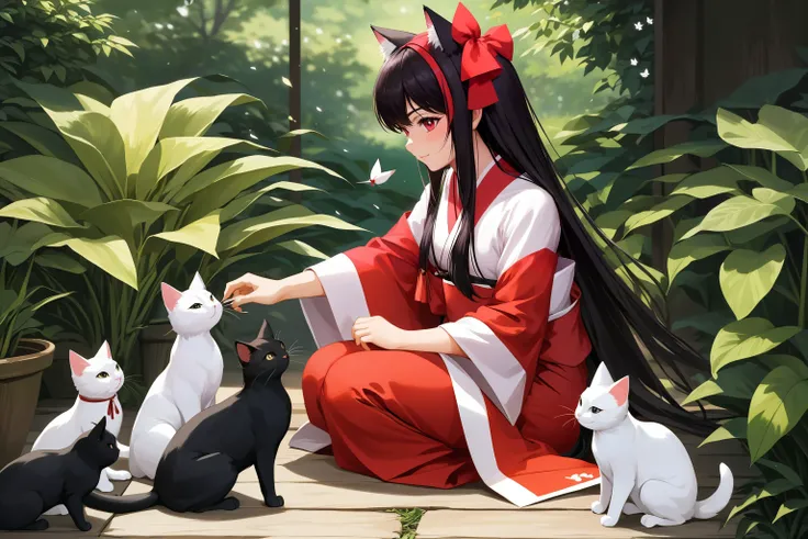 (masterpiece, best quality, highres, anime art style, pixiv), (1girl, hakurei reimu petting cats, straight hair, outdoors),