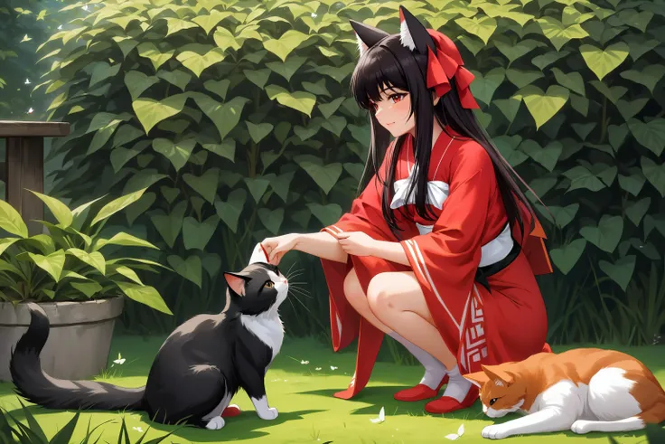 anime girl in red dress petting two cats in a garden