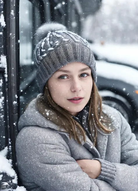 RAW photo of a sks woman, sitting in outdoor car ,winter ,snowy , ((wearing cap)), (detailed face), grunge, ((visual kai)),  ((full body)), (high detailed skin:1.2), 8k uhd, dslr, soft lighting, high quality, film grain, Fujifilm XT3, <lora:locon_melissa_v...