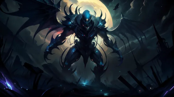 a dark knight with a large demon face and a full moon behind him