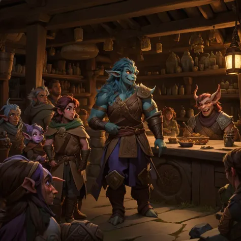 a group of people in a tavern with a bar and a man in a blue costume