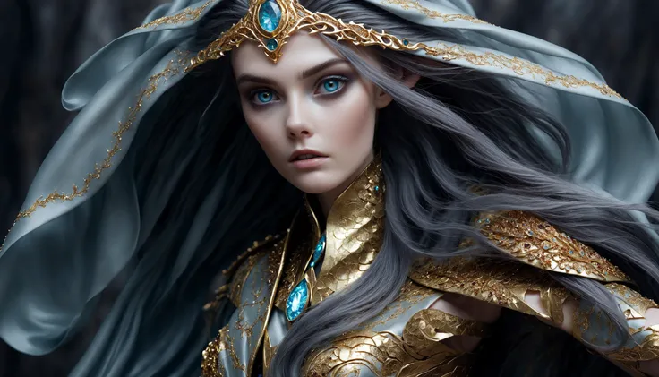 Pale, luminous skin adorned with shimmering patterns. Eyes like molten gold, burning with an otherworldly light. Hair flowing like liquid silver, intertwined with glowing gemstones. Cloak billowing, revealing hints of serpentine scales beneath.