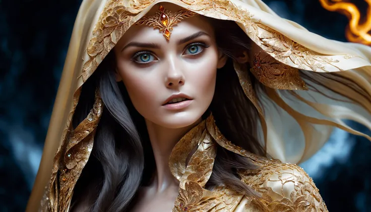 Pale, luminous skin adorned with shimmering patterns. Eyes like molten gold, burning with an otherworldly light. Hair flowing like liquid silver, intertwined with glowing gemstones. Cloak billowing, revealing hints of serpentine scales beneath.