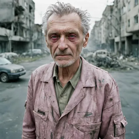 street fashion photography photo of a ( (mature old czech:1.3) man, (skindentation:1.3),  (detailed wrinkled face), (skinny:1.1), pink eyes, graying hair, short back and sides) , wearing   Flight Suit,  in a post-apocalyptic world where the only hope is te...