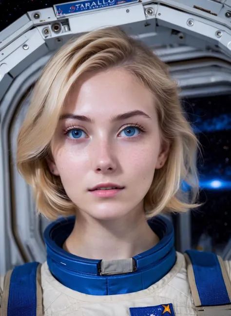 waist up photo of a 18yo blonde woman inside the International Space Station observation deck, in space, zero suit samus space suit, (freckles:0.8) cute face, sci-fi, dystopian, detailed eyes, blue eyes, view of earth, (((starfield patch)))