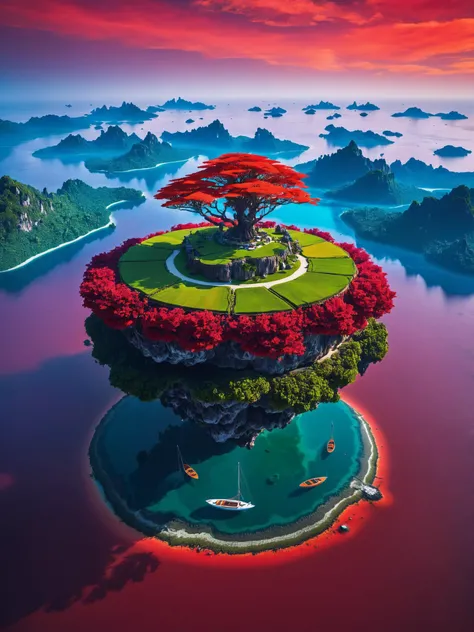 floating island, vibrant red, 8K, colorful colors,