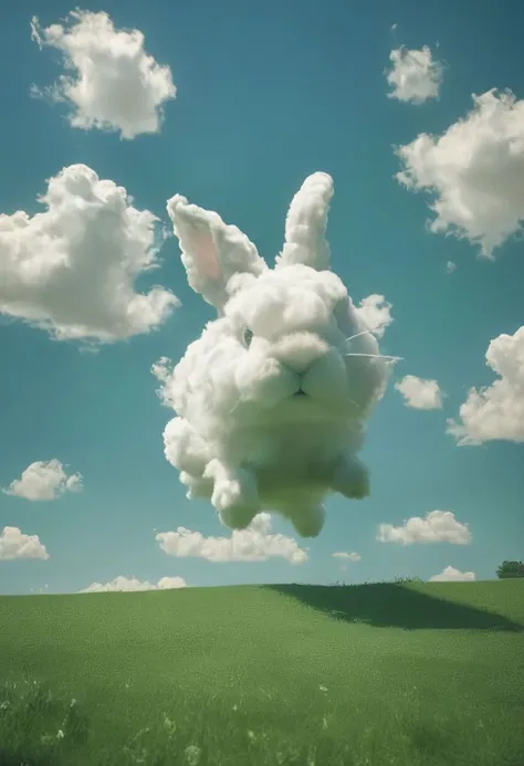 a cloud that looks a large Cloud rabbit hovering over a green landscape by franco fontana, blue sky background,  charming realism, breathtaking, perfect cinematic lighting, high quality, Intricate, masterpiece, 8k, UHD, hdr, cinematic quality, HYPERREALIST...