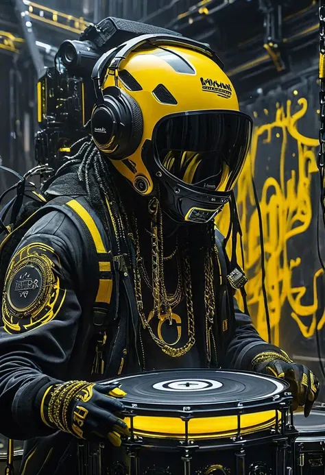 Ultra wide photorealistic image. Caption "SKENETRA". Graffiti, full drums kit, speakers box. Iron chains in the background. Dark sun, giant cybernetic abstract, black and yellow gray, ink flow - 8k photorealistic masterpiece - by Aaron Horkey and Jeremy Ma...