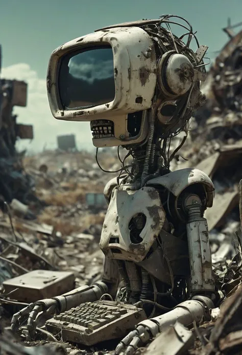 Monitor-head, Capture the haunting beauty of post-apocalyptic desolation in this scene: an aged, broken robot lays upon a scrap heap, old monitor-head portraying a melancholic, digitally distorted female visage. Explore the juxtaposition of decay and digit...