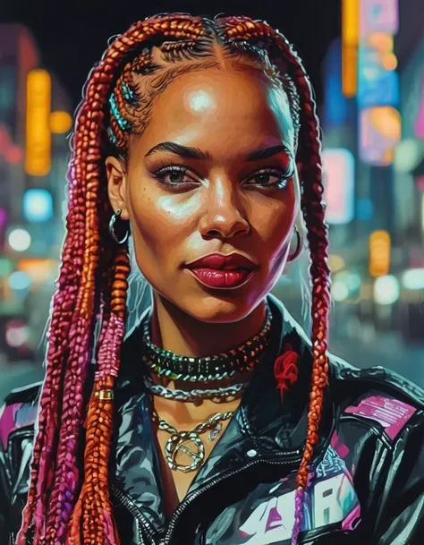 Warren Ellis, Lowbrow Art, Cyberpunk Girl, Auburn hair styled as Box braids, Pixel Art, Bastardcore, Water color painting, Street Art, triadic, portrait art by Steve Argyle