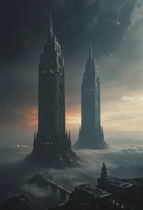 Seen from Outer space, floating in space, A Planet floating in outer space, with two dark towering modern-medieval towers standing side by side, reaching into the high clouds, connected by a bridge of some sort. Incorporate modern elements and windows into...