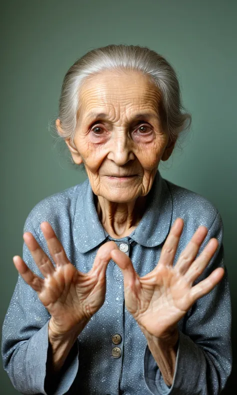 old woman showing hands