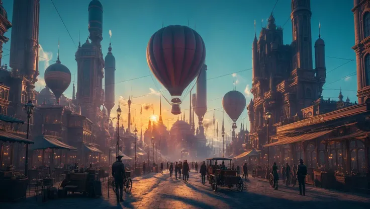 beeple style, steampunk zepelin, baloon with motor spitting smole  towers of glass, intricate steampunk city, industrial smoke andvash in the air, dusk, powerful headlights, myst, 24mm, 4k textures, soft cinematic light, adobe lightroom, photolab, hdr, int...