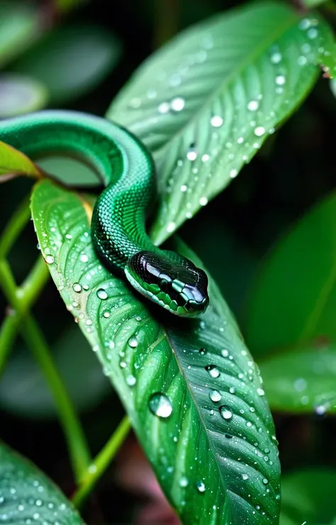 25mm, emerald snake (metallic shimmer:1.25), drops of water on the petals, drops of water on the leaves, tilt shift, sharp focus, intricate details, cozy, cinematic warm light, (multicolor:0.7), (noir:0.35), detailed