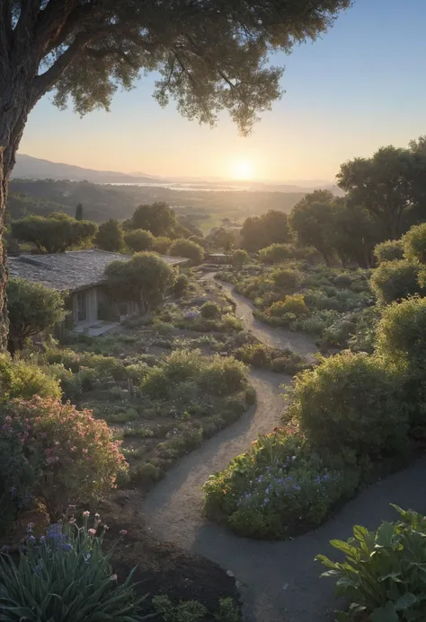 fairy tale, landscape of a Conceptual Sonoma Valley, [flowers|garden], at Sunrise, Detailed illustration, back-light, Kodak Ektar, intricate, [art by Henri Rousseau| (art by Euan Uglow:0.9) ], Isometric Angle Isometric view  Shintaro Kago and by David Doug...