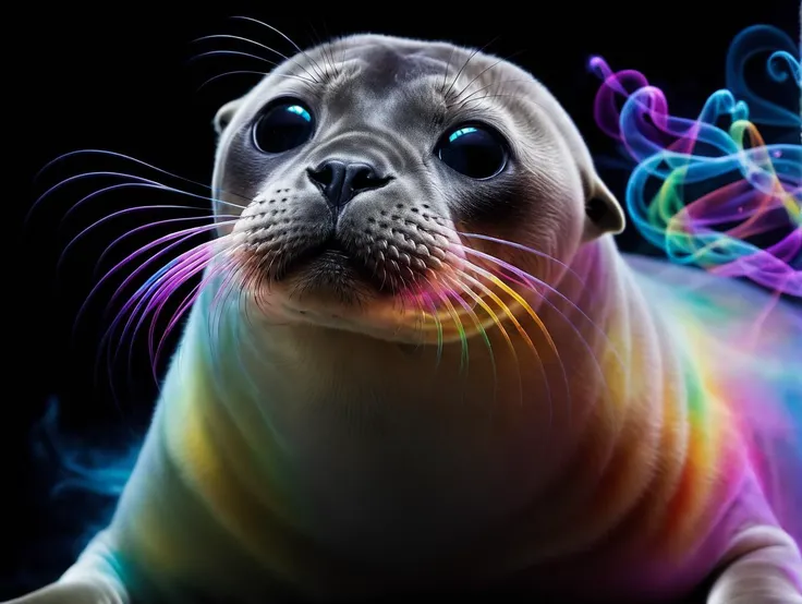 huge pet cute cibi baby seal with fluorescent white skin fly space, in rainbow colored smoke filling the screen, robot infinite jellyfish light (wires:1) all around nebula, corect anatomy, sharp image,<lora:cyborg_style_xl:1>