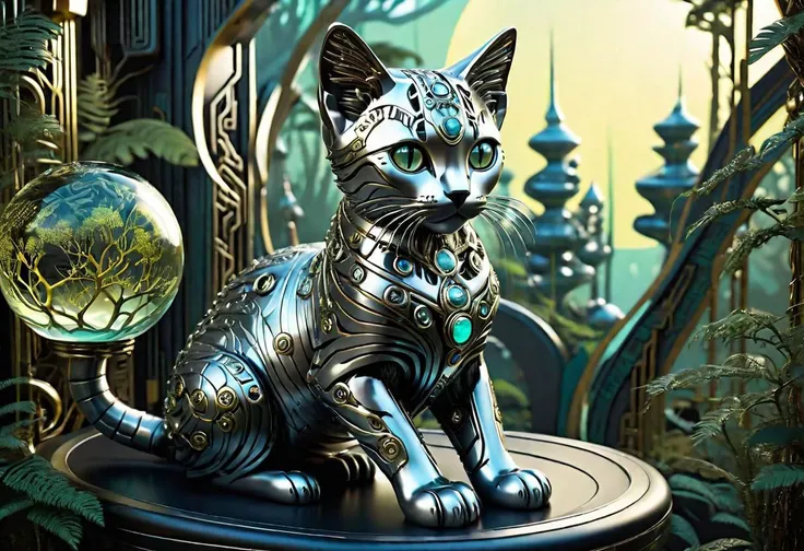 Cyberpunk gothic art deco biomechanical cute kitten, 
cute, 
model-like stature, 
intertwined with 3D computer screen walls, 
silhouette merged forest, 
cyborg maincoon
porcelain facial features, 
crystal-bright Maori tattoos, 
amidst Art Nouveau, 
Dali-in...