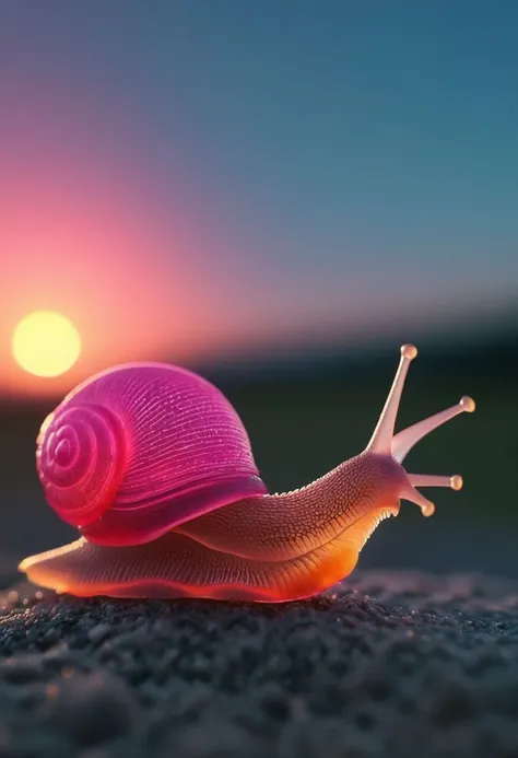 a close up of a snail on a rock with the sun setting in the background