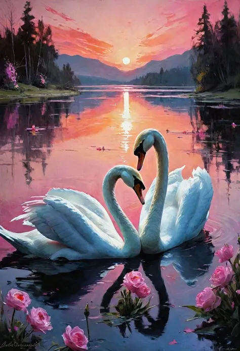 painting of two swans in a lake with pink flowers at sunset