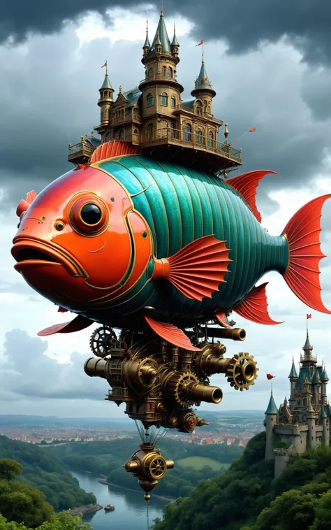 Zentagle extreme effect, surrealism, gigantic mechanical fish floating in the air, castle on top, extremely detailed mechanical fish with gears and intricate parts, artwork by de es, landscape with Variegated splashes of color, fantastical surrealist, eleg...