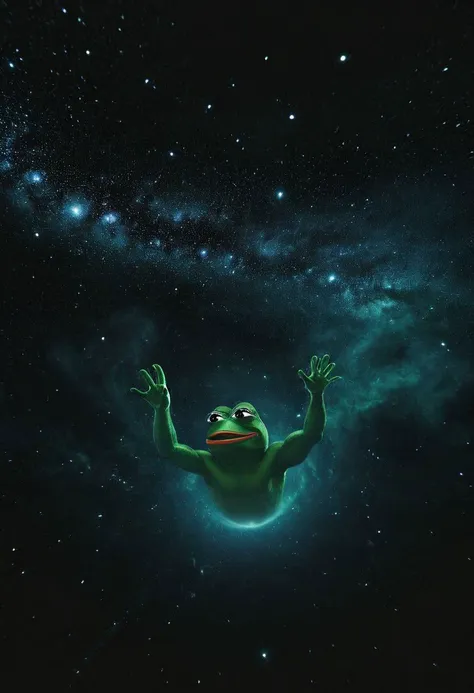 two hands descend from above, grasping a celestial Pepe frog emerging from a mysterious black hole on the desk below. 