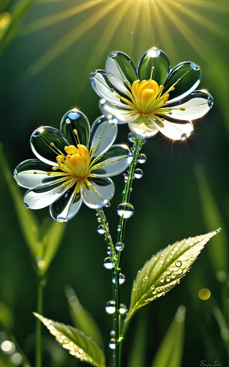 Kim Soo-ja, Realistic, Glass-flowered Dewdrops, Transparent Glass-flowered, Transparent Glass-flowered, Realistically Expressing Flowers, Sparkling Sunshine, One Flower symbolizes breathtaking beauty, Centered in Perfect Composition, Complex Details Showin...