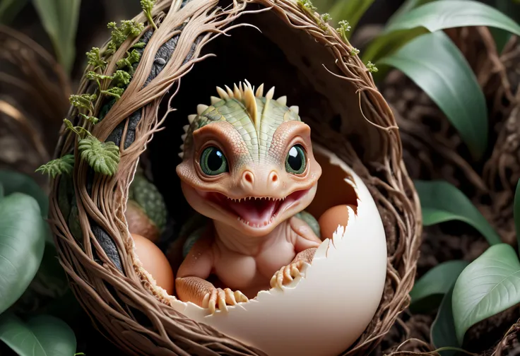 close up just hatched little baby dinosaur in an egg, prehistoric, chitinous skin, cinematic
, Intricate, organic background, vines, soft feathers, dramatic lighting
, style of Bella Kotak
