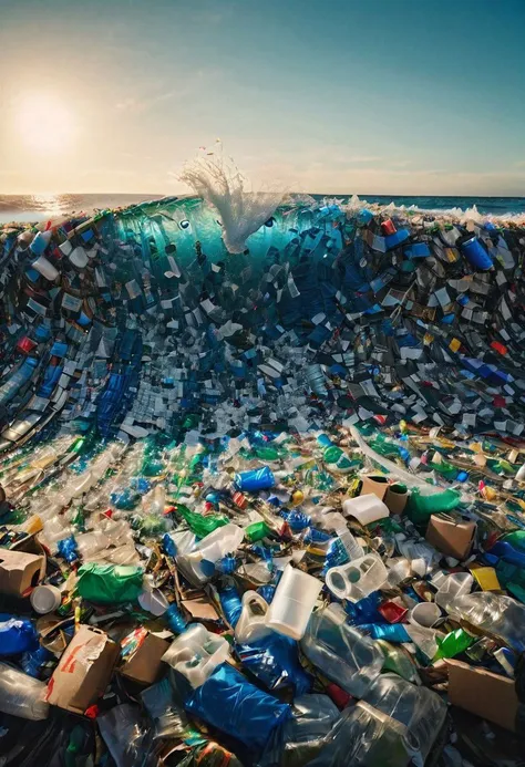 a close up of a wave of plastic bottles and other items on a beach