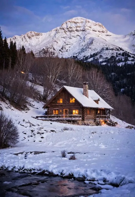 arafed cabin in the mountains with a stream running through it