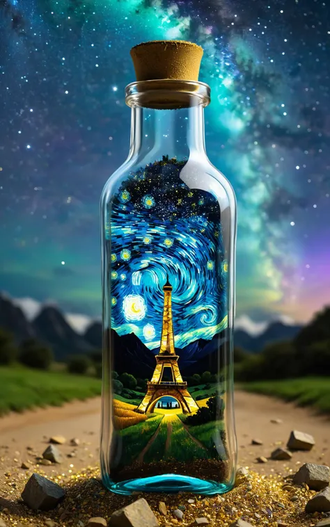 Starry sky Van Gogh painting trapped inside a hourglass bottle. Color and starry skies spilling out of the bottle and pooling on the ground.<lora:xl_more_art-full_v1:0.5>