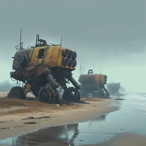 (beach:1.5) where a row of wrecked ( machines:1.3) (foggy:1.3) in the style of (Simon Stalenhag:1.2)