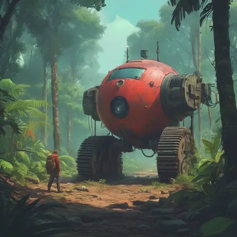 (jungle:1.5) where a row of new (biomechanical machines:1.3) (blizzard:1.3) in the style of (Simon Stalenhag:1.2)