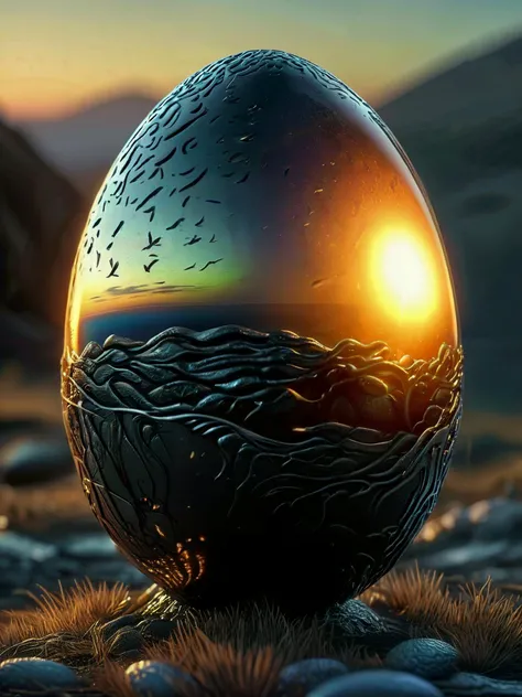 masterpiece, intricate detail, 8K, HDR, 

When I arrived, the egg had already hatched and a creature had emerged, black and strange, its skin shimmering in the dawn light. I knew it wasnt from earth when I found the egg, but this was not what I expected. N...