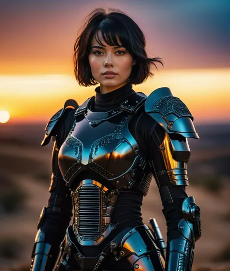 cinematic film still a picture of a girl,with short black hair,wearing a intricate black mechanical armor suit,cinematic shot,sunset,vivid colors,sci-fi,best quality,hd,8k,cinematic,hdr,bokeh, . shallow depth of field, vignette, highly detailed, high budge...