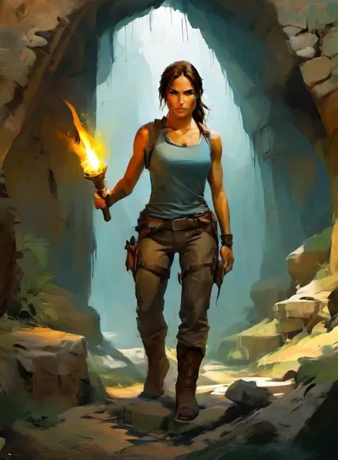 digital painting of Lara Croft, a beautiful woman, action pose, standing in an ancient tomb, holding torch <lora:EldritchDigitalArt1.3:1>