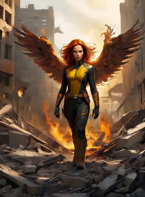 digital painting of The Phoenix from X-men, a beautiful woman, action pose, standing in rubble of a burnt city <lora:EldritchDigitalArt1.3:1>