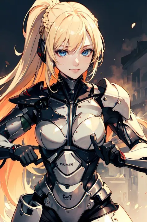 <lora:samuel_rodrigues:0.7> samuel_rodrigues, armor, cyborg, fighting stance, ultra detailed, masterpiece, best quality,, solo, soft smile, light smile,
1girl, blue eyes, very long hair, blonde hair, long blonde hair, french braid, bangs, medium breasts,