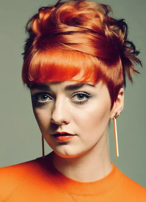 analog style, modelshoot style, portrait of sks woman by Flora Borsi, style by Flora Borsi, bold, bright colours, orange Mohawk haircut, ((Flora Borsi)), <lora:locon_maisie_v1_from_v1_64_32:1.4>