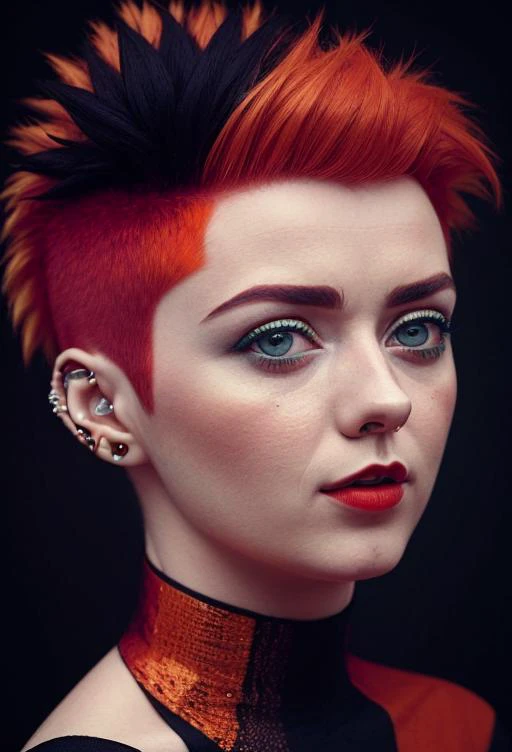 portrait of sks woman by Flora Borsi, style by Flora Borsi, bold, bright colours, orange Mohawk haircut, ((Flora Borsi)),
 <lyco:maisieWilliams_v10:1.2>