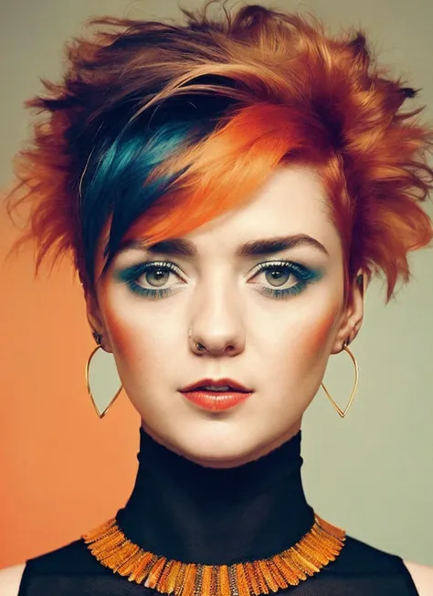 portrait of sks woman by Flora Borsi, style by Flora Borsi, bold, bright colours, orange Mohawk haircut, ((Flora Borsi)), <lora:locon_maisie_v1_from_v1_64_32:1.4>