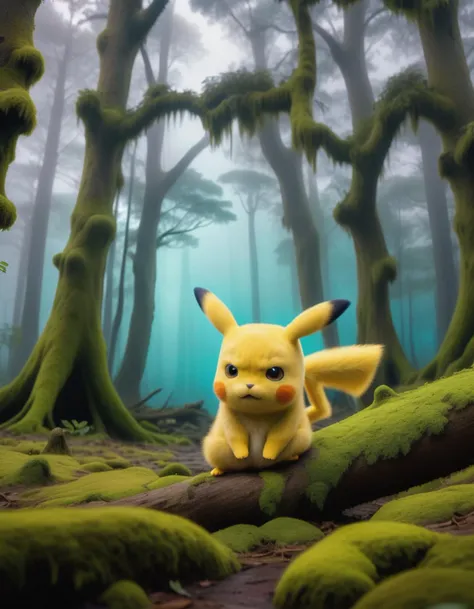 candid RAW Photo, Pikachu (Hands clasped in front, showing attentiveness,  Invisibility, A mystical foggy forest, where moss-covered trees create an otherworldly atmosphere, fata morgana :1.2), <lora:pikachu:0.8>